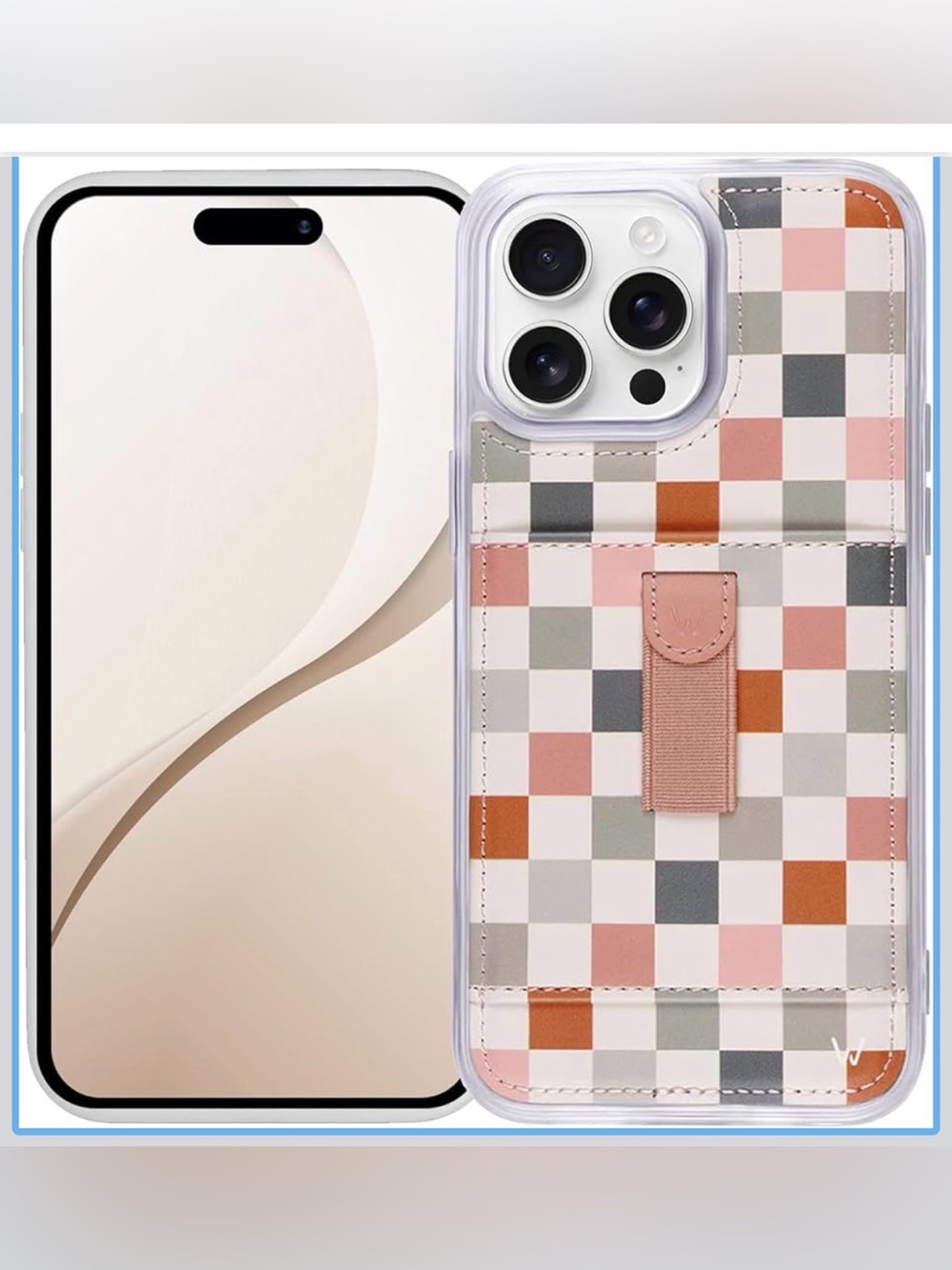 Checkered Pink Card Holder Phone Case with Strap iPhone 16 Pro Max